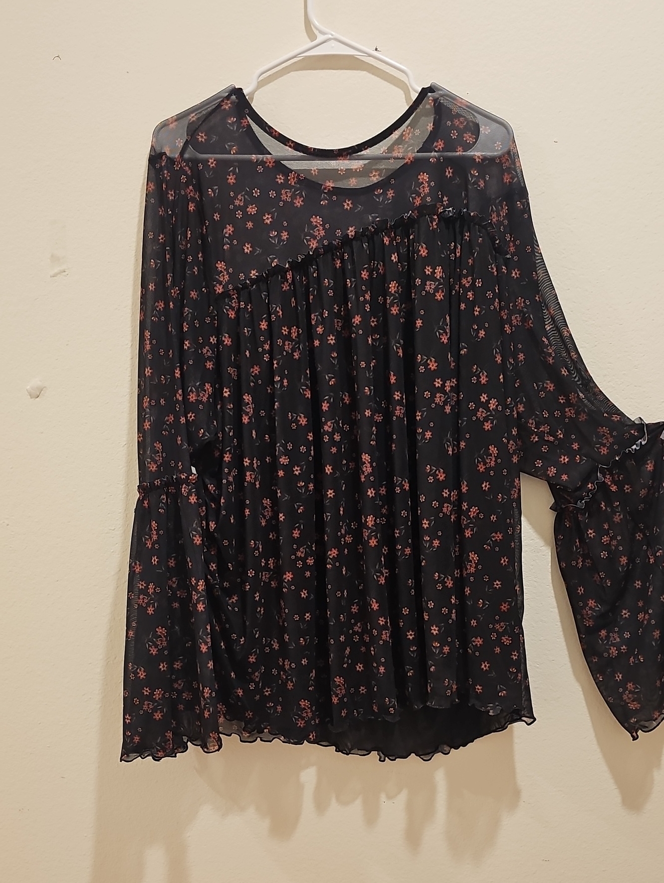 Torrid Black Sheer Floral Ruffle Bell-Sleeve Blouse